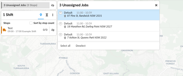 Screenshot of plan with unassigned jobs