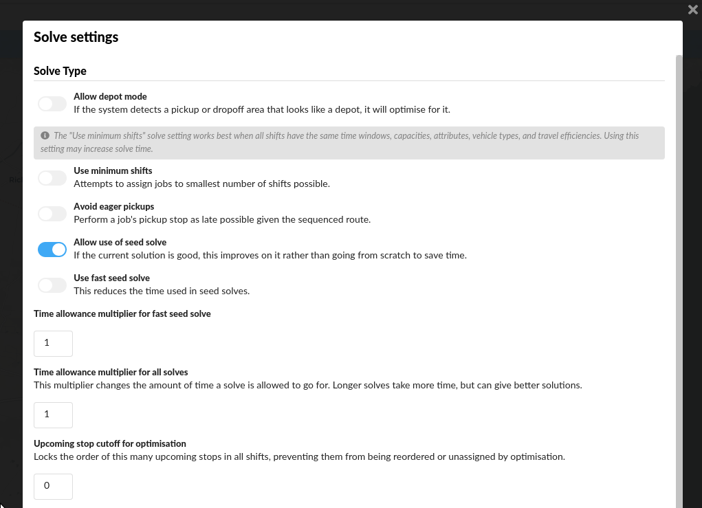 The solve settings panel